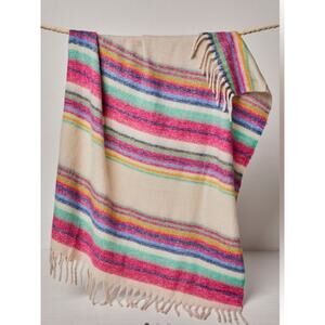 Free People Skye Stripe Fringe Throw Blanket Pink Cream Blue